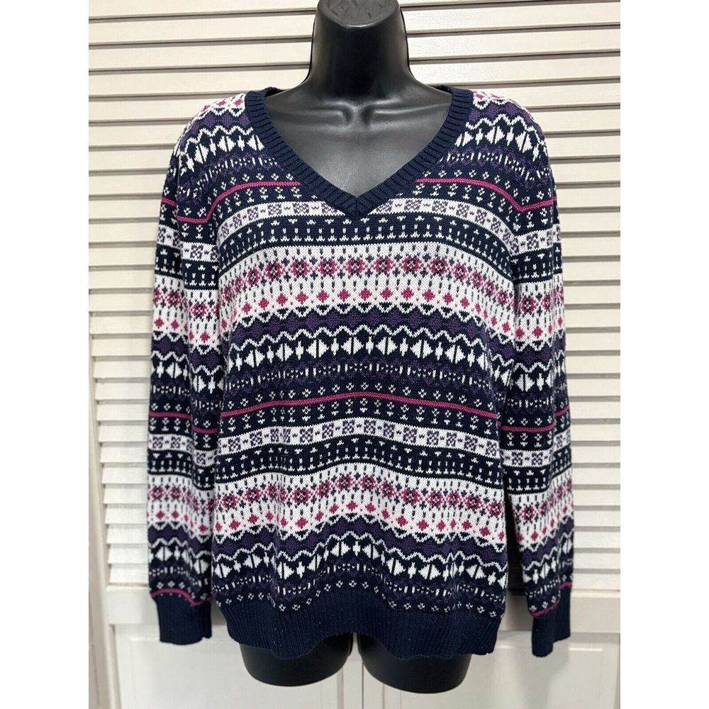 Croft & Barrow Black/Purple V Neck Sweater Long Sleeve Size Large‎ Ribbed
